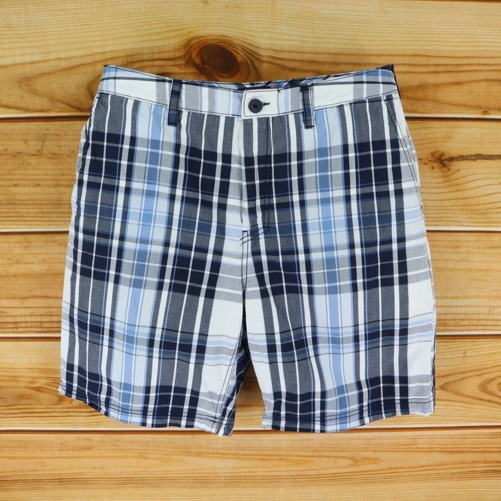 Croft &‎ Barrow Casual Shorts Flat Front Mens Size 33 Blue Plaid 100% Cotton